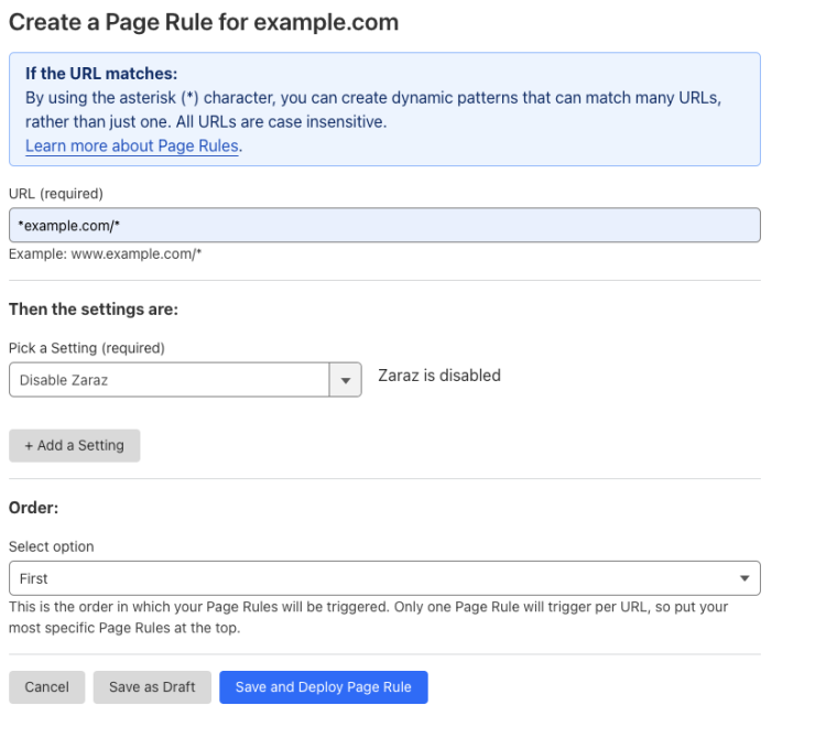 Example Page Rule with &lsquo;Disable Zaraz&rsquo; setting