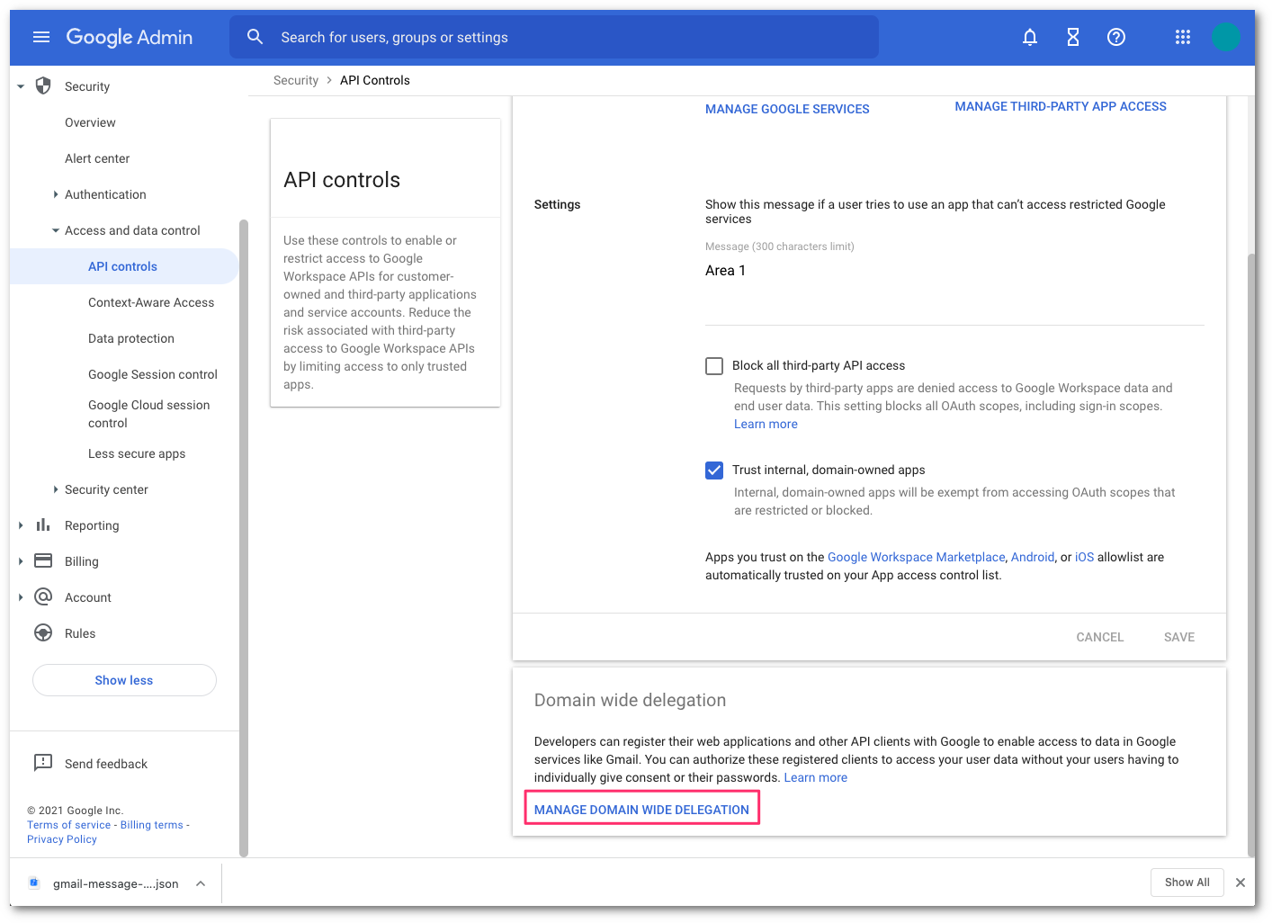 Select Manage domain wide delegation